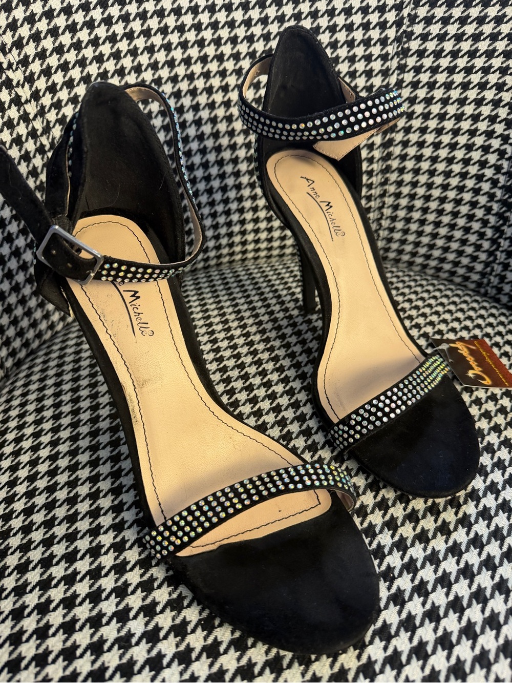 Anne Michelle Black Suede High Heel Sandals with Iridescent Crystal Straps